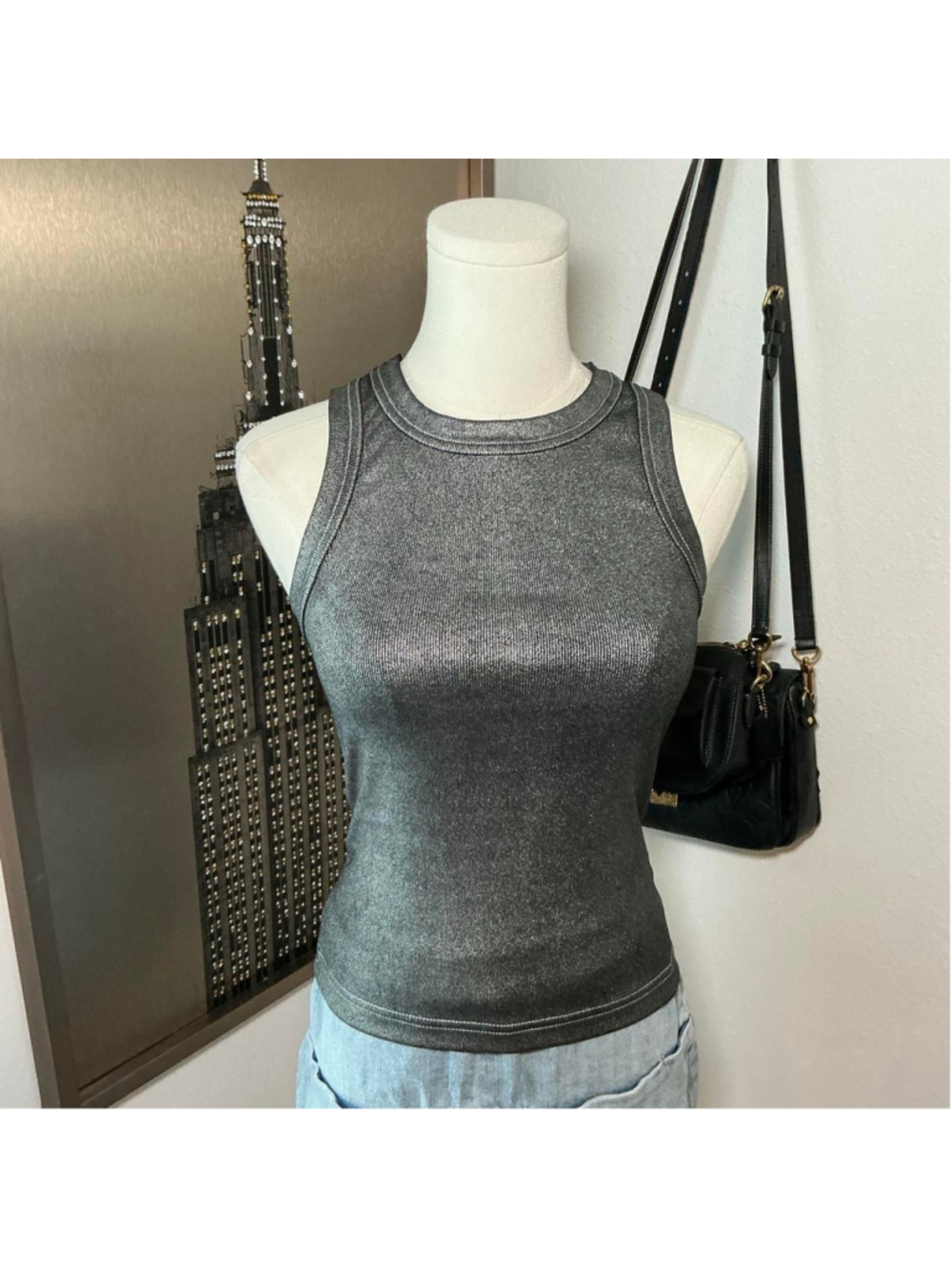 Fashion Nova Metallic Charcoal Gray Ribbed Tank Top Size M Y2K